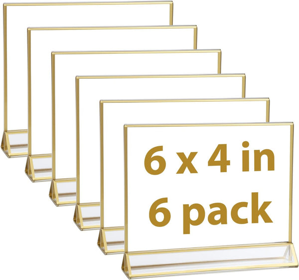 UNIQOOO Clear Acrylic Sign Holder with Golden Border, Pack of 6, 6x4", Double Side Frame, Landscape View