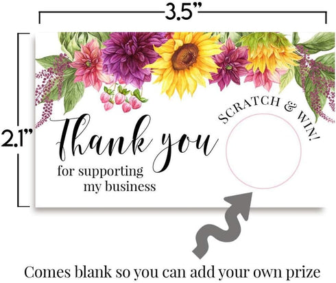 Sunflowers & Dahlias Floral Scratch & Win Package Inserts, 20 Single Sided Insert Cards for Small Businesses