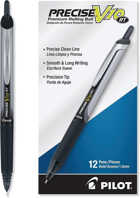 Pilot Precise V10 RT Refillable & Retractable Rolling Ball Pens, Bold Point 1 mm, Blue, Pack of 12
