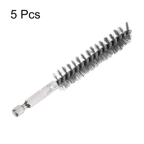 5Pcs Bore Brush Stainless Steel 15mm Dia Cleaning Twisted Wire Brush with Handle, 1/4 Inch Hex Shank