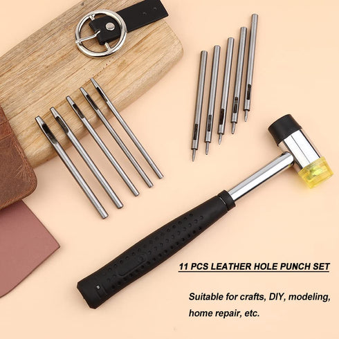 10 Pcs Leather Hole Punch Tool Set, Round Hole Punch with Double Head Hammer for Leather Projects