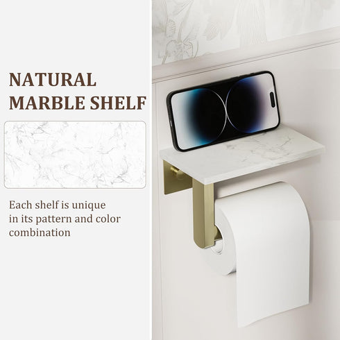 304 BWE Brushed Gold Toilet Paper Holder with Marble Shelf, Toilet Paper Roll Holder Wall Mounted, Toilet Paper Roll