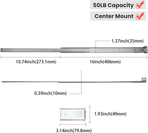 2 Pack 16Inch 3/4 homdiy Heavy Duty Centered Bottom Mounted Drawer Slides for Cabinet & Dresser Drawers, Bottom Mount