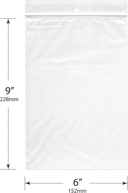 Plymor 6" x 9" Reclosable Plastic Bags, 2 Mil with Hang-Hole, Pack of 200