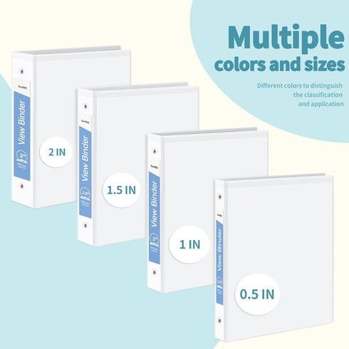 SUNEE 3 Ring Binder, 1/2 Inch, Clear View Binder, PVC-Free, Fits 8.5x11 Inches (4 Pack), White