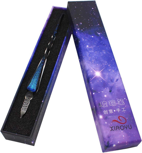 XIAOYU Glass Dip Pen, Vintage Handmade Glass Signature Pen, Starry Sky Crystal Dip Sign Pen