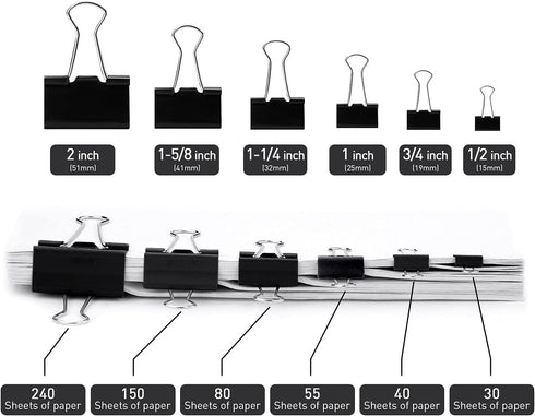 Binder Clips, 144 Pack, Black, 1 Inch Standard 25mm Clamps, Medium Size, Capacity 0.47 Inch, Office Clips
