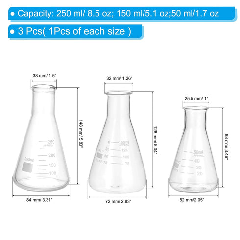 PATIKIL 3 Pcs Erlenmeyer Flask, 50ml 150ml 250ml Narrow Mouth Graduated Borosilicate Glass for Lab Chemistry