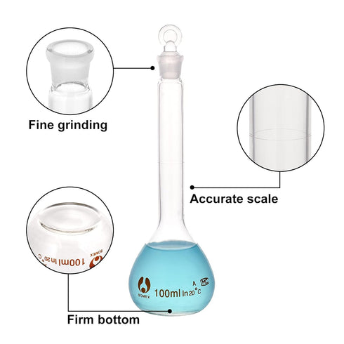 OLYCRAFT 4pcs Volumetric Flask Set, 10ml/25ml/50ml/100ml with Glass Cap for Laboratory Projects