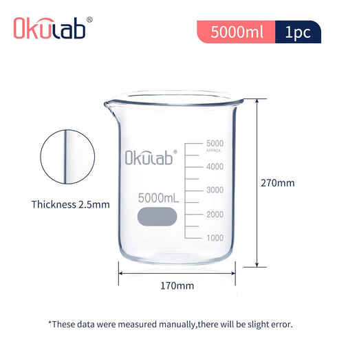 5000mL Low Form Glass Beaker, Graduated 3.3 Borosilicate Glass for Lab, Classroom, Craft, Kitchen, BKLG5000A1