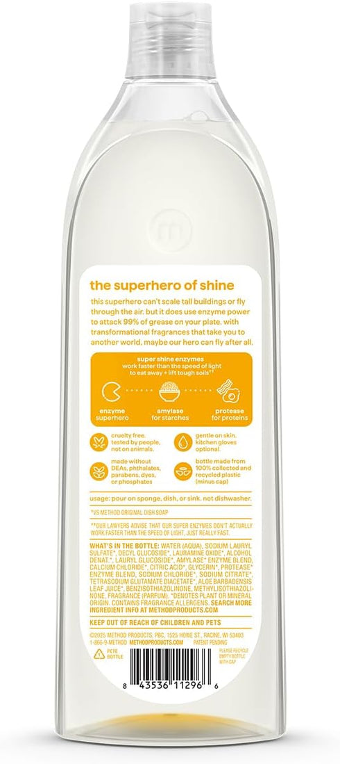 16 oz Method Super Shine Liquid Dish Soap, Powered by Enzymes, Coastal Citron Scented, fl