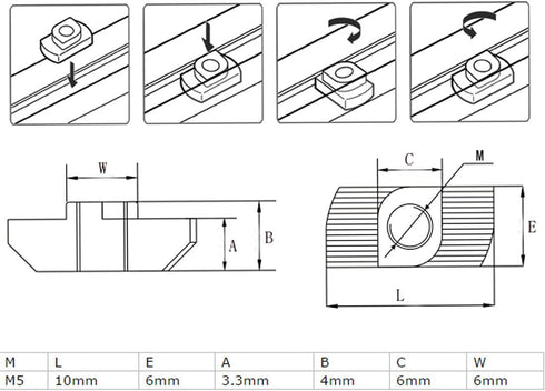50-Pack 2020 Series M5 T-Nuts – Carbon Steel Nickel-Plated Half Round Roll in Sliding T Slot Nut for 6mm Slot
