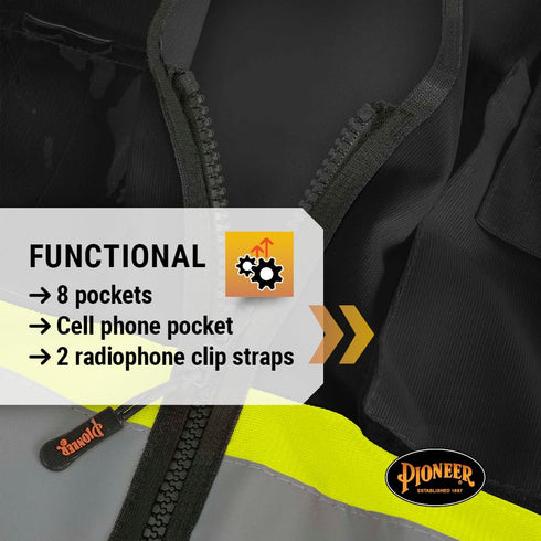 Pioneer Safety Vest for Men, Hi Vis Reflective Solid Neon, 8 Pockets, Zipper, Adjustable for Construction, Traffic,