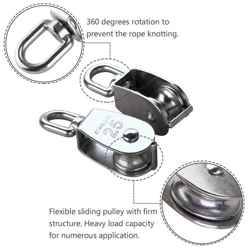 YAMASO 2Pcs 304 Stainless Steel M25 Silver Single Pulley Block - Wire Rope Hanging Towing Wheel