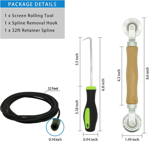 Screen Repair Kit - Screen Roller Tool with Bearing, Screen Retainer Spline(32ft) and Spline Removal Hook for Installing & Replacing Window Patio Sliding Door