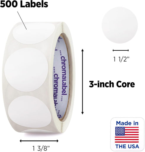 ChromaLabel 1.50 Inch Round Label, Removable Color Code Dot Stickers, 500 Labels per Roll, White