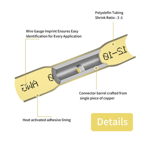 12-10 AWG Heat Shrink Butt Connectors, 250Pcs Yellow Waterproof Crimp Electrical Wire Connectors