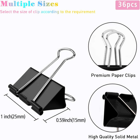 Binder Clips, 36 Pack, 1 Inch, Standard 25mm Clamps, Black, Small Clips, Capacity 0.47 Inch