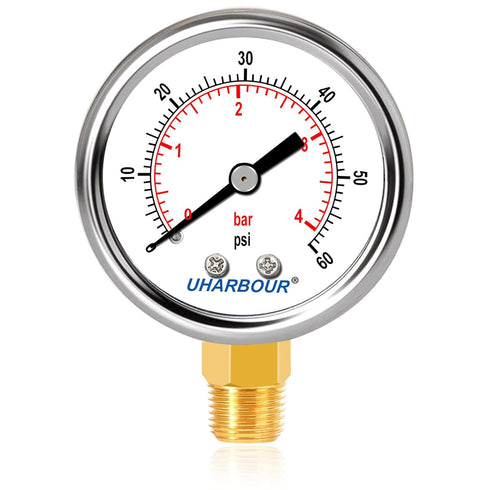 Lead-Free Water Pressure Gauge Liquid Filled 60 Psi 2" Dial, Stainless Steel Case, 1/4" NPT
