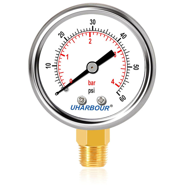 Lead-Free Water Pressure Gauge Liquid Filled 60 Psi 2" Dial, Stainless Steel Case, 1/4" NPT