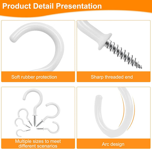 100 PCS Screw in Cup Hooks, 6 Size Vinyl Coated Screw Hooks for Indoor & Outdoor Use, White