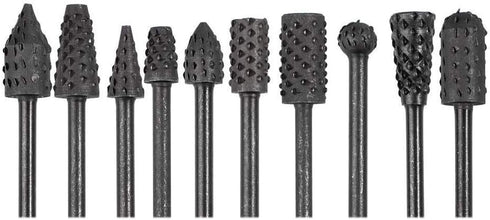 10pc Carbon Steel Rotary Burr Rasp Set, 1/8''(3mm) Shank Wood Carving File Rasp Drill Bits for DIY Woodworking,