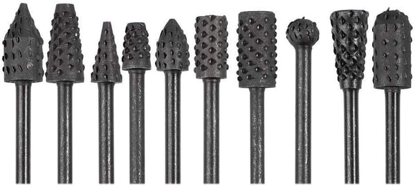 10pc Carbon Steel Rotary Burr Rasp Set, 1/8''(3mm) Shank Wood Carving File Rasp Drill Bits for DIY Woodworking,