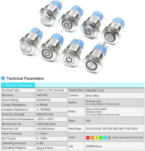 WerFamily Tri-color LED Momentary Push Button Switch, 16mm, 1NO 1NC SPDT ON/OFF Waterproof with Wire Socket Plug