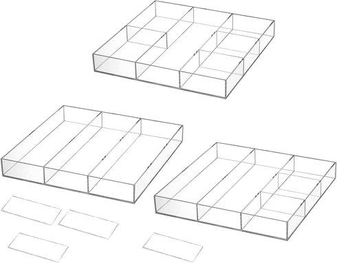 Peohud 2 Pack Acrylic Drawer Organizer Tray, 6/3 Section Clear Makeup Tray for Drawer, Office Desk Supplies