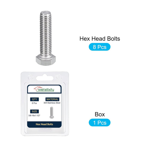 Hex Bolts 8Pcs (3/8-16x1-1/2") - 304 Stainless Steel UNC Fully Threaded Hex Head Screw Bolt for Furniture Repair, Silver