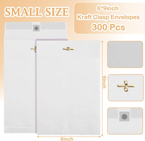 Colarr 300 Pcs 6x9 Manilla Clasp Envelopes Heavy Duty Gummed Closures Colored Kraft for Office Home (White)