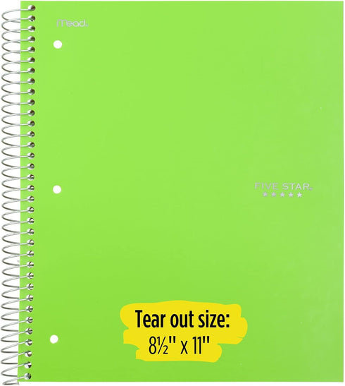 Five Star Spiral Notebooks, 3 Subject, 150 Sheets College Ruled Paper, 11" x 8-1/2", 2 Pack, Gray Lime (38819)