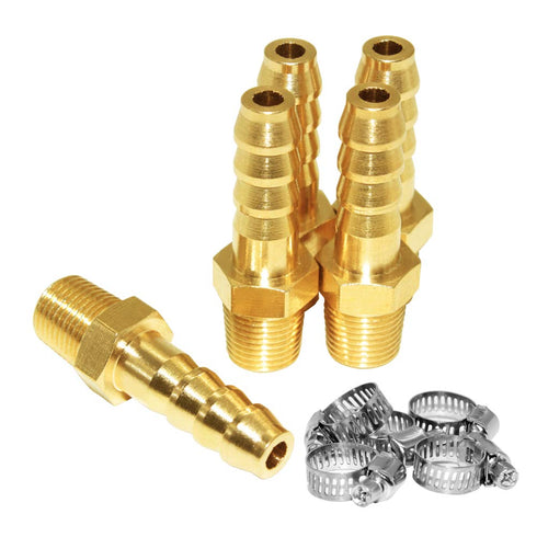 JoyTube 5 Pcs Hose Barb Fittings, 3/16" Barb to 1/8" NPT Male Thread Brass Adapter Connector with Hose Clamp