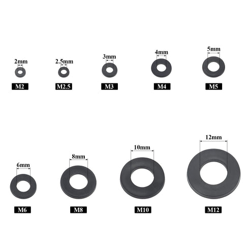 Nylon Flat Washer Assortment Set, 600 Pieces in 9 Sizes - M2 to M12, Black