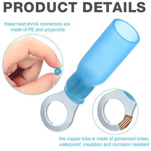 300 Pcs Heat Shrink Ring Terminals #10 Blue, 16-14 AWG Electrical Connectors, Waterproof and Insulated (Ring 1/4")