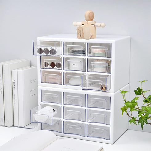 Desk Storage Organizer with 9 Drawers, MYKASEN Clear Plastic Storage Cabinet, Stackable Box for Makeup, Office Supplies