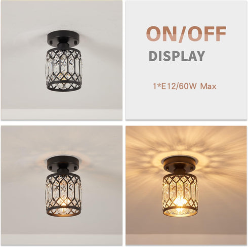 Wuhuyipi Crystal Black Ceiling Lights Modern Semi Flush Mount Ceiling Light Fixture,Farmhouse Rustic Chandelier