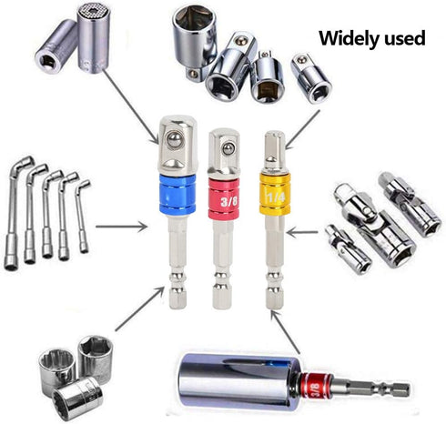 TIMESETL 3Pcs 1/4" 3/8" 1/2" Cr-V Hex Shank Impact Grade Socket Adapter Extension Set