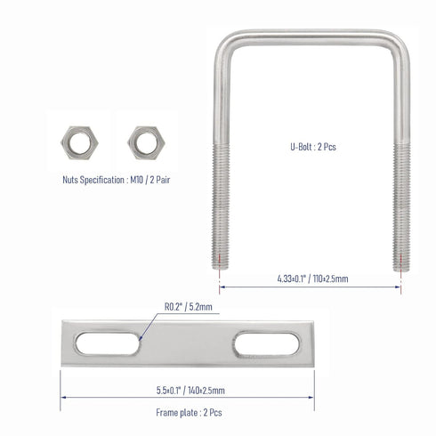 2 Sets 304 Stainless Steel Square U-Bolts with M10 Nuts, Accessories for Automobiles Trailer and Boat Trailer