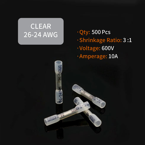 500Pcs 26-24 AWG Blue Heat Shrink Butt Connectors, Marine Grade Insulated Splice Electrical Terminals