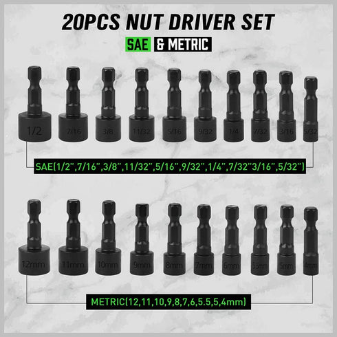 SWANLAKE 20PCS Power Nut Driver Set for Impact Drill, 1/4 Hex Head Drill Bit Set, SAE and Metric