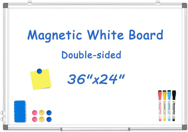 WALGLASS Magnetic White Board, 36" x 24" Double-Sided Dry Erase Board for Wall, Horizontal or Vertical, Silver