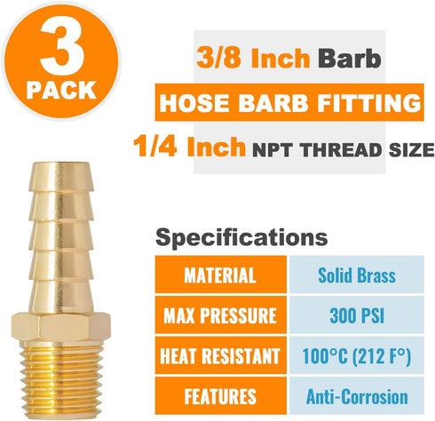 SUNGATOR 3-Pack 3/8 Inch Barb × 1/4 Inch NPT Hose Barb Fittings, Brass Air Hose Pipe Adapter for 3/8" Barb to 1/4" NPT