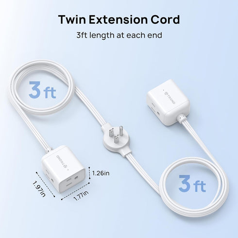 TROND 3ft 3 1625W Split Extension Cord with Flat Wall Plug, Twin on Each Side, Low-Profile Dual End Outlets Extender