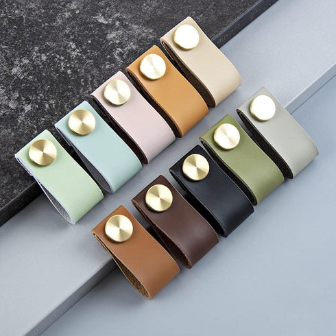 PuLaif Handle,4Pcs Furniture Leather Handles,Cabinet Single Hole Top Layer Leather Handle Wardrobe Shoe Cabinet Door