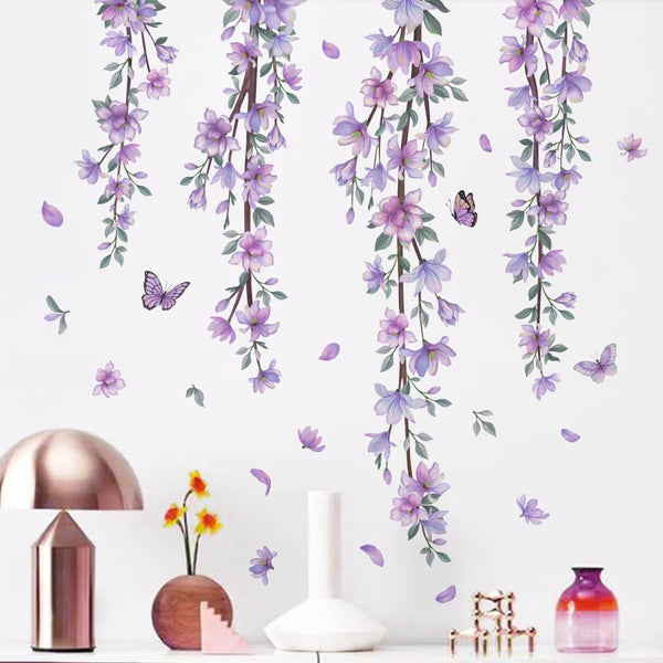 Finpletai Hanging Purple Flower Wall Stickers Vine Floral Wall Decals for Girls Kids