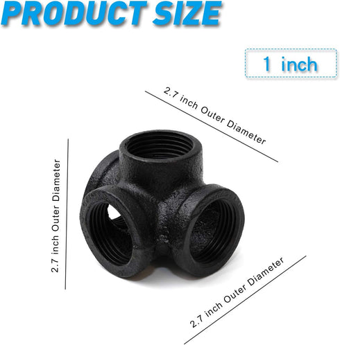 TZH 10-Pack 1" Black 4-Way Side Outlet Tee, Malleable Iron Pipe Fitting for Industrial Pipe, Furniture, DIY Decoration