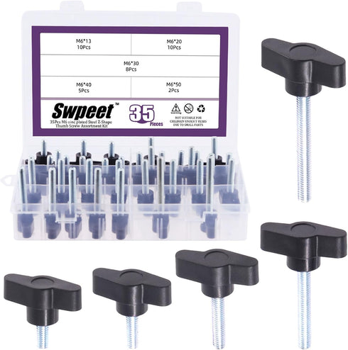 Swpeet 35Pcs M6 Zinc Plated Thumb Screw Kit, 5 Sizes, Three Prong Clamping Black Tee Wing Plastic Knob