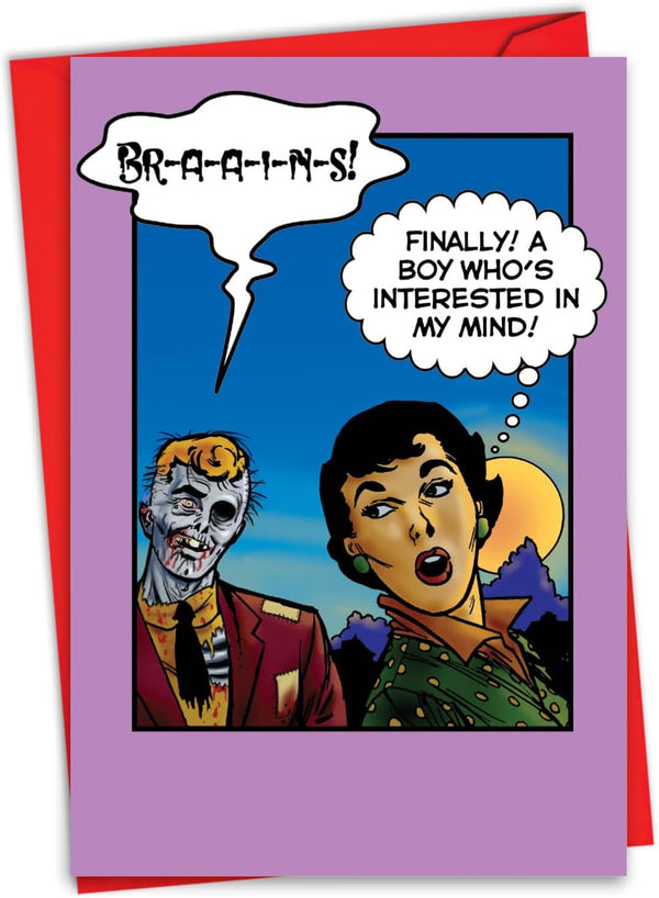 Happy Valentine's Day Card with Envelope, Note Card for Loving Valentine, NobleWorks - Zombie Brains 7369