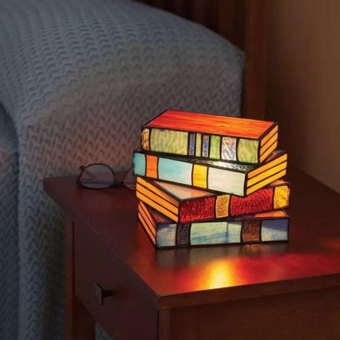 Generic Stained Glass Stacked Books Lamp Night Light,Vintage Nightstand Desk Book Lamps for Living Room, Reading Nook